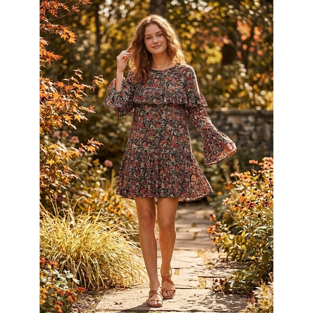 Zara Trafaluc Mini Dress Women Floral Ruffle MultiColor Ditsy Print Long Sleev M